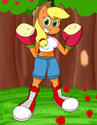 Size: 1468x1900 | Tagged: safe, artist:strangefacts101, imported from derpibooru, applejack, anthro, earth pony, plantigrade anthro, apple, apple tree, applebucking, boots, boxing, boxing gloves, breasts, busty applejack, clothes, denim shorts, food, grass, grin, hat, shoes, shorts, smiling, solo, sports, tanktop, tree