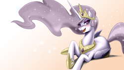 Size: 3840x2160 | Tagged: safe, artist:johnjoseco, edit, editor:lanceomikron, imported from derpibooru, princess celestia, alicorn, pony, princess molestia, beautiful, bedroom eyes, best princess, big sexy, blushing, crown, ethereal mane, female, flowing mane, folded wings, high res, hoof shoes, jewelry, looking at you, lying down, mare, open mouth, palette swap, peytral, prone, recolor, regalia, solo, sparkles, wallpaper, wingding eyes, wings
