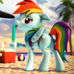 Size: 2160x2160 | Tagged: safe, artist:psfmer, imported from derpibooru, rainbow dash, pegasus, pony, 3d, beach, beach ball, cloud, female, food, mare, palm tree, popsicle, solo, source filmmaker, tree