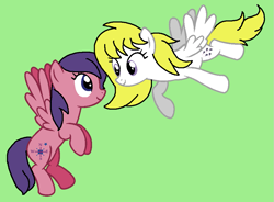 Size: 961x709 | Tagged: safe, artist:piggyman54, north star, surprise, pegasus, pony, adoraprise, cute, duo, female, flapping, friends, g1, g4, generation leap, green background, mare, northabetes, simple background, smiling, wings