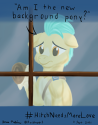 Size: 1100x1400 | Tagged: safe, artist:rockhoppr3, imported from derpibooru, hitch trailblazer, earth pony, pony, bronybait, floppy ears, g5, hashtag, sad, sad hitch, solo, unshorn fetlocks, window