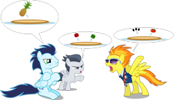 Size: 3696x2116 | Tagged: safe, artist:chainchomp2 edit, artist:chrzanek97, artist:d4svader, artist:dewlshock, artist:sollace, edit, editor:slayerbvc, imported from derpibooru, rumble, soarin', spitfire, pegasus, argument, bell peppers, clothes, colt, crossed legs, female, food, fruit, male, mare, olive, peppers, pictogram, pineapple, pizza, raised hoof, simple background, speech bubble, stallion, sunglasses, tomato, transparent background, uniform, vector, vegetables, wonderbolts dress uniform