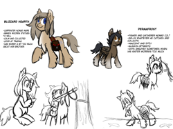 Size: 2002x1500 | Tagged: safe, artist:machacapigeon, imported from derpibooru, oc, oc only, oc:blizzard hearth, oc:permafrost, fish, pony, /mlp/, axe, bag, berries, brother and sister, colt, female, fishing, foal, fruit, looking at you, male, mare, siblings, simple background, sketch, sketch dump, snowpony (species), taiga pony, text, weapon, white background, wood, yakutian horse