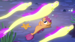 Size: 1920x1080 | Tagged: safe, edit, edited screencap, imported from derpibooru, screencap, scootaloo, eel, fish, moray eel, seapony (g4), starfish, surf and/or turf, belly button, bioluminescent, glowing, hooves behind head, lying down, on back, sea-mcs, seaponified, seapony scootaloo, solo, species swap, underwater, your heart is in two places