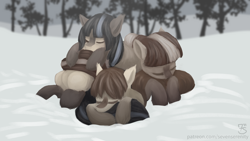 Size: 3840x2160 | Tagged: safe, artist:sevenserenity, imported from derpibooru, oc, oc only, oc:cold shoulder, oc:frosty flakes, oc:winter wonder, pony, /mlp/, 4chan, cuddle puddle, cuddling, cute, female, fluffy, high res, mare, painted, pony pile, sleeping, snow, snow mare, snowpony (species), taiga pony, tree, trio, unshorn fetlocks, yakutian horse