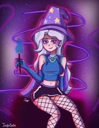 Size: 1275x1650 | Tagged: safe, artist:jinglebelle, imported from derpibooru, trixie, human, clothes, evening gloves, fishnets, gloves, humanized, lidded eyes, long gloves, looking at you, magic wand, midriff, miniskirt, skirt, smiling