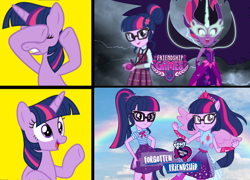 Size: 1784x1284 | Tagged: safe, imported from derpibooru, sci-twi, twilight sparkle, alicorn, equestria girls, equestria girls series, father knows beast, forgotten friendship, friendship games, school daze, clothes, covering eyes, eyes closed, glasses, lightning, meme, midnight sparkle, open mouth, ponied up, raised hoof, twilight sparkle (alicorn)