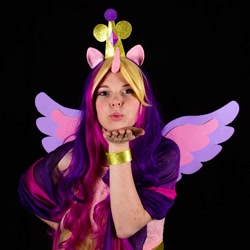 Size: 1080x1080 | Tagged: safe, imported from derpibooru, princess cadance, human, blowing a kiss, clothes, cosplay, costume, irl, irl human, photo