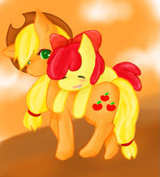 Size: 541x599 | Tagged: safe, artist:サツシキ, imported from derpibooru, apple bloom, applejack, earth pony, pony, apple bloom riding applejack, female, filly, mare, pixiv, ponies riding ponies, riding, siblings, sleeping