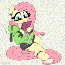 Size: 2048x2048 | Tagged: safe, artist:pfeffaroo, imported from derpibooru, fluttershy, pinkie pie, pegasus, pony, abstract background, anklet, antonymph, clothes, ear piercing, fluttgirshy, gir, high res, hoodie, hoof hold, invader zim, jewelry, keychain, nintendo ds, piercing, solo
