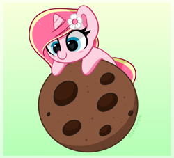 Size: 2632x2392 | Tagged: safe, artist:kittyrosie, imported from derpibooru, oc, oc only, oc:rosa flame, pony, unicorn, blushing, cookie, cute, food, giant food, high res, horn, ocbetes, smiling, solo, unicorn oc