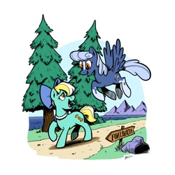 Size: 2000x2000 | Tagged: safe, artist:mellodillo, imported from derpibooru, oc, oc only, oc:carnival candy, oc:cold snap, earth pony, pegasus, pony, bow, flying, hair bow, high res, mountain, path, rock, sign, tree, water