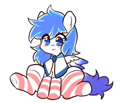 Size: 1809x1496 | Tagged: safe, artist:yilo, imported from derpibooru, oc, oc only, oc:canicula, pegasus, pony, :3, blushing, clothes, simple background, socks, solo, spread wings, striped socks, white background, wings
