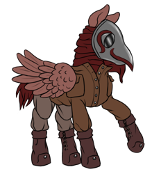 Size: 1664x1792 | Tagged: safe, artist:multiverseequine, derpibooru exclusive, imported from derpibooru, oc, oc only, oc:aftershock, pegasus, pony, boots, clothes, full body, jacket, male, mask, pegasus oc, plague doctor mask, scarf, shoes, simple background, solo, transparent background