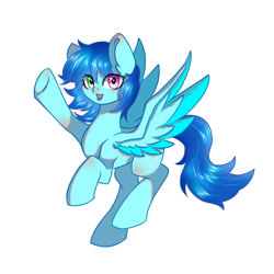 Size: 1280x1280 | Tagged: safe, imported from derpibooru, imported from ponybooru, oc, oc only, oc:cloud west, pegasus, pony, colored pupils, female, flying, heterochromia, looking at you, mare, open mouth, open smile, pegasus oc, simple background, smiling, smiling at you, solo, spread wings, white background, wings