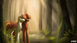 Size: 4000x2250 | Tagged: safe, artist:st4rs6, imported from derpibooru, oc, oc only, earth pony, pegasus, pony, 16:9, couple, crepuscular rays, forest, gay, male, wallpaper