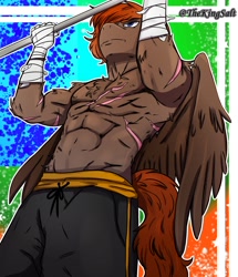 Size: 1500x1745 | Tagged: safe, alternate version, artist:theking_salt, imported from derpibooru, oc, anthro, pegasus, abs, alternate character, beard, chest fluff, clothes, commission, facial hair, gritted teeth, male, male nipples, muscles, nipples, partial nudity, pegasus oc, pullup, scar, sexy, strong, topless, wings, workout, ych result, your character here
