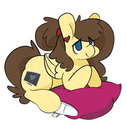 Size: 1200x1200 | Tagged: safe, artist:myahster, imported from derpibooru, oc, oc only, oc:retro hearts, pegasus, pony, ear piercing, earring, freckles, jewelry, piercing, pillow, ponytail, simple background, sitting, solo, transparent background