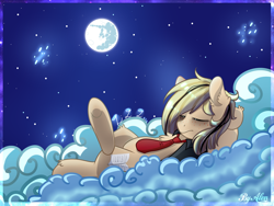 Size: 2000x1500 | Tagged: safe, artist:gnidagovnida, imported from derpibooru, oc, oc only, oc:alen d, pegasus, pony, clothes, cloud, eyes closed, lying down, lying on a cloud, mare in the moon, moon, necktie, night, on a cloud, on back, shirt, solo, vulgar description
