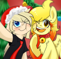 Size: 2000x1932 | Tagged: safe, artist:gnidagovnida, imported from derpibooru, oc, oc only, oc:alen d, oc:levin fiery, pegasus, pony, bell, bell collar, cheek squish, cheek to cheek, chest fluff, christmas, christmas tree, clothes, collar, freckles, hat, holiday, necktie, one eye closed, santa hat, selfie, shirt, smiling, squishy cheeks, tree