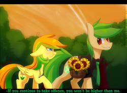 Size: 1500x1100 | Tagged: safe, artist:gnidagovnida, imported from derpibooru, oc, oc only, oc:lazy bones, oc:sunflower summer, pegasus, pony, :t, basket, beard, chest fluff, clothes, facial hair, female, floppy ears, flower, male, mare, necktie, puffy cheeks, shirt, stallion, sunflower