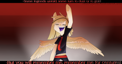 Size: 2000x1050 | Tagged: safe, artist:gnidagovnida, imported from derpibooru, oc, oc only, oc:alen d, pegasus, semi-anthro, cheek fluff, clothes, eyes closed, fall out boy, necktie, open mouth, pants, shirt, solo, song reference