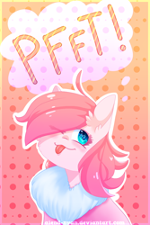 Size: 800x1200 | Tagged: safe, artist:gnidagovnida, imported from derpibooru, oc, oc only, oc:fluffle puff, pony, ;p, alternate design, neck fluff, one eye closed, onomatopoeia, raspberry, raspberry noise, solo, tongue out