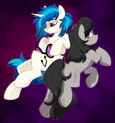 Size: 2400x2560 | Tagged: safe, artist:crimmharmony, imported from derpibooru, dj pon-3, octavia melody, vinyl scratch, earth pony, pony, unicorn, backwards cutie mark, chest fluff, duo, duo female, eye clipping through hair, eyebrows, eyebrows visible through hair, featured image, female, fluffy, glasses off, gradient background, high res, horn, leg fluff, looking down, mare, purple eyes, sunglasses