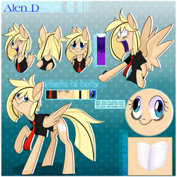 Size: 2500x2500 | Tagged: safe, artist:gnidagovnida, imported from derpibooru, oc, oc only, oc:alen d, pegasus, pony, ;d, bags under eyes, clothes, derp, female, high res, mare, necktie, one eye closed, open mouth, open smile, raised hoof, reference sheet, shirt, shocked, shocked expression, smiling, solo