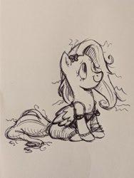 Size: 1536x2048 | Tagged: safe, artist:mellodillo, imported from derpibooru, fluttershy, pegasus, pony, clothes, cute, daaaaaaaaaaaw, dress, grayscale, messy mane, monochrome, pencil drawing, shyabetes, sitting, smiling, solo, traditional art