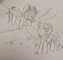 Size: 640x606 | Tagged: safe, artist:appledashdailydoodles, artist:snowzaaah, imported from derpibooru, applejack, rainbow dash, earth pony, pegasus, pony, spoiler:g5, appledash, appledashdailydoodles, doodle, female, g5, lesbian, monochrome, pencil drawing, shipping, sketch, traditional art