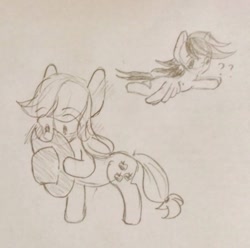 Size: 640x636 | Tagged: safe, artist:snowzaaah, imported from derpibooru, applejack, rainbow dash, earth pony, pegasus, pony, appledash, appledashdailydoodles, doodle, female, lesbian, monochrome, pencil drawing, shipping, sketch, traditional art