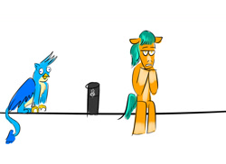 Size: 1024x745 | Tagged: safe, artist:horsesplease, imported from derpibooru, gallus, hitch trailblazer, griffon, alexa, amazon echo, bored, derp, doodle, g5, gallus the rooster, gallusposting, machine, sad, sad hitch, slipknot