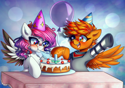 Size: 4961x3508 | Tagged: safe, artist:chaosangeldesu, imported from derpibooru, oc, oc:flaming hoof, pegasus, pony, amputee, balloon, birthday, blushing, cake, clothes, commission, cute, food, happy, prosthetic limb, prosthetics