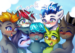 Size: 4961x3508 | Tagged: safe, artist:chaosangeldesu, imported from derpibooru, oc, oc:blaze (shadowbolt), oc:captain black lotus, oc:guttatus, oc:helmie, oc:klara, oc:whirlwind flux, bat pony, changeling, earth pony, pegasus, pony, unicorn, bat pony oc, bat wings, blushing, friendship, happy, wings