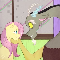 Size: 2048x2048 | Tagged: safe, artist:wyntober, imported from derpibooru, discord, fluttershy, draconequus, pegasus, pony, fanfic:bride of discord, abstract background, discoshy, female, hand on face, high res, looking at each other, male, shipping, straight