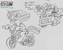 Size: 693x553 | Tagged: safe, artist:jargon scott, imported from derpibooru, imported from twibooru, princess celestia, princess luna, twilight sparkle, alicorn, pony, unicorn, bicycle, car, chase, dialogue, driving, female, grand theft auto, grayscale, mare, monochrome, neo noir, partial color, police car, trio, unicorn twilight, windswept mane