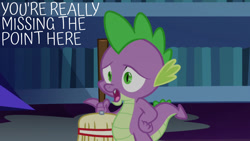 Size: 1280x720 | Tagged: safe, edit, edited screencap, editor:quoterific, imported from derpibooru, screencap, spike, dragon, every little thing she does, season 6, broom, male, missing the point, open mouth, pointing, solo, twilight's castle