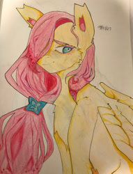 Size: 1024x1338 | Tagged: safe, artist:pixelatedsorrows, imported from derpibooru, fluttershy, pegasus, pony, alternate hairstyle, cute, daaaaaaaaaaaw, female, freckles, hair over one eye, mare, shyabetes, solo, traditional art