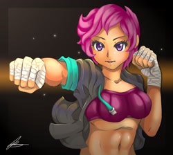 Size: 2048x1836 | Tagged: safe, artist:jennobasilicum, imported from derpibooru, scootaloo, equestria girls, abs, bandage, belly button, clothes, female, hoodie, older, older scootaloo, punch, solo, sports bra, tape, wrist tape