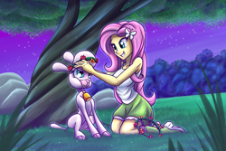 Size: 1800x1200 | Tagged: safe, artist:redahfuhrerking, imported from derpibooru, fluttershy, sheep, them's fightin' herds, equestria girls, adorapom, clothes, community related, crossover, cute, female, floral head wreath, flower, kneeling, night, pom (tfh), shyabetes, sitting, sleeveless, sweet dreams fuel, tanktop