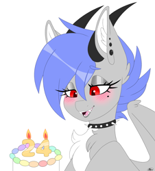 Size: 2257x2500 | Tagged: safe, artist:melodytheartpony, imported from derpibooru, oc, oc:melody silver, dracony, dragon, hybrid, pony, birthday, blushing, cake, candle, collar, dragon x pony, ear piercing, excited, female, feral, fluffy, food, happy, happy birthday, high res, piecing, piercing, rainbow, smiling, spiked collar