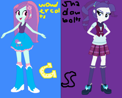 Size: 714x574 | Tagged: safe, artist:pizzasister, artist:selenaede, imported from derpibooru, rarity, sunny flare, equestria girls, friendship games, alternate universe, clothes, clothes swap, crystal prep academy uniform, school uniform, shadowbolts, simple background, wondercolts