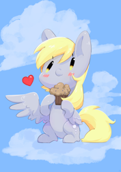 Size: 2894x4093 | Tagged: safe, artist:bubbletea, imported from derpibooru, derpy hooves, pegasus, pony, anime style, background pony, best pony, chibi, cloud, cute, derp, derpabetes, food, heart, illustration, love, muffin, sky, solo