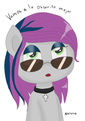 Size: 700x991 | Tagged: safe, artist:wrath-marionphauna, imported from derpibooru, oc, oc only, oc:oscuridad, pony, eyeshadow, jewelry, makeup, necklace, ponylatino, simple background, solo, spanish, sunglasses, transparent background