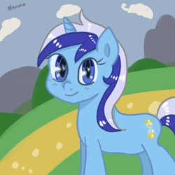 Size: 1000x1000 | Tagged: safe, artist:wrath-marionphauna, imported from derpibooru, minuette, pony, unicorn, digital art, looking at you, ponyville, smiling, solo