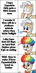 Size: 1606x3206 | Tagged: safe, artist:pony-berserker edits, edit, imported from derpibooru, mayor mare, rarity, earth pony, pony, clown, clown makeup, clown nose, exploitable meme, eyes closed, glasses, looking at you, magic, makeup, meme, offscreen character, ponified meme, red nose, savemlp