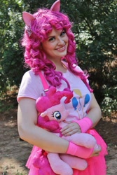 Size: 640x960 | Tagged: safe, artist:shelbeanie, imported from derpibooru, pinkie pie, earth pony, human, pony, clothes, cosplay, costume, cutie mark on clothes, irl, irl human, photo, plushie