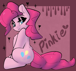 Size: 1856x1724 | Tagged: safe, artist:llametsul, imported from derpibooru, pinkie pie, earth pony, pony, black eyeshadow, butt fluff, chest fluff, eyeshadow, female, lidded eyes, looking at you, makeup, mare, sitting, solo