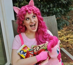 Size: 719x640 | Tagged: safe, artist:shelbeanie, imported from derpibooru, pinkie pie, human, 2014, candy, clothes, cosplay, costume, cropped, food, irl, irl human, open mouth, photo, plushie